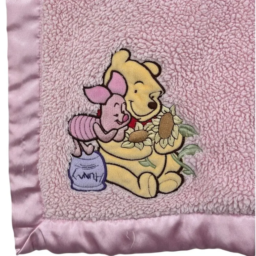 Winnie the Pooh and Piglet Baby Blanket Pink Plush Satin Back Crib Nursery